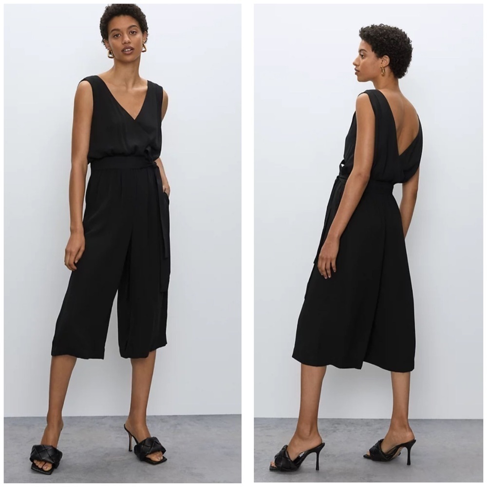 Aritzia Babaton Maximillian Sleeveless V-Neck Wide-leg Crop Jumpsuit Black Sz S.